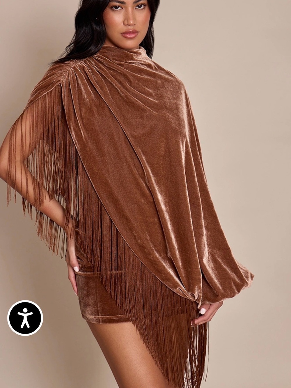 PrettyLittleThing GOLDEN BROWN VELVET CAPE TASSEL HEM MINI DRESS